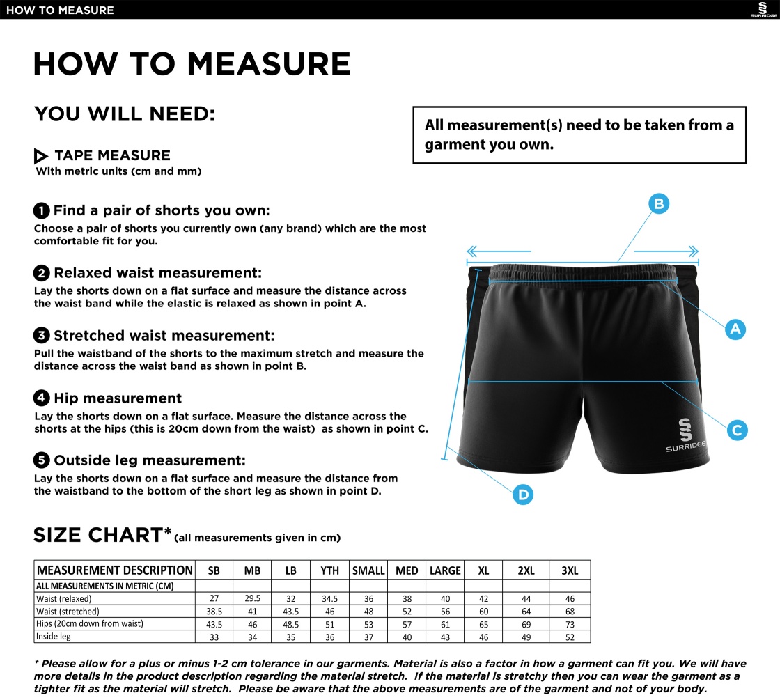 HEADINGLEY BRAMHOPE CC Performance Gym Short : Navy - Size Guide