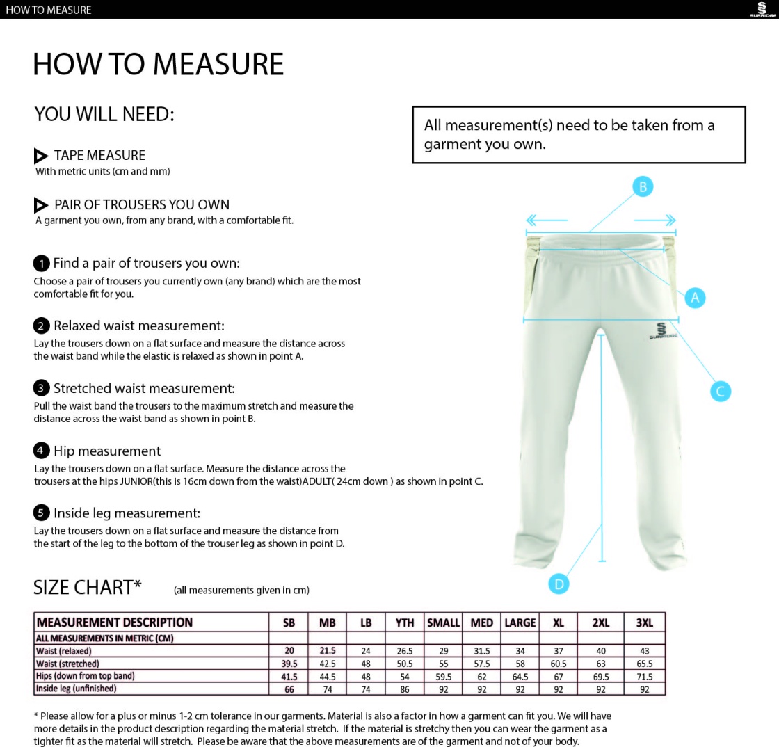 Headingley Bramhope CC Standard Playing Pant - Size Guide