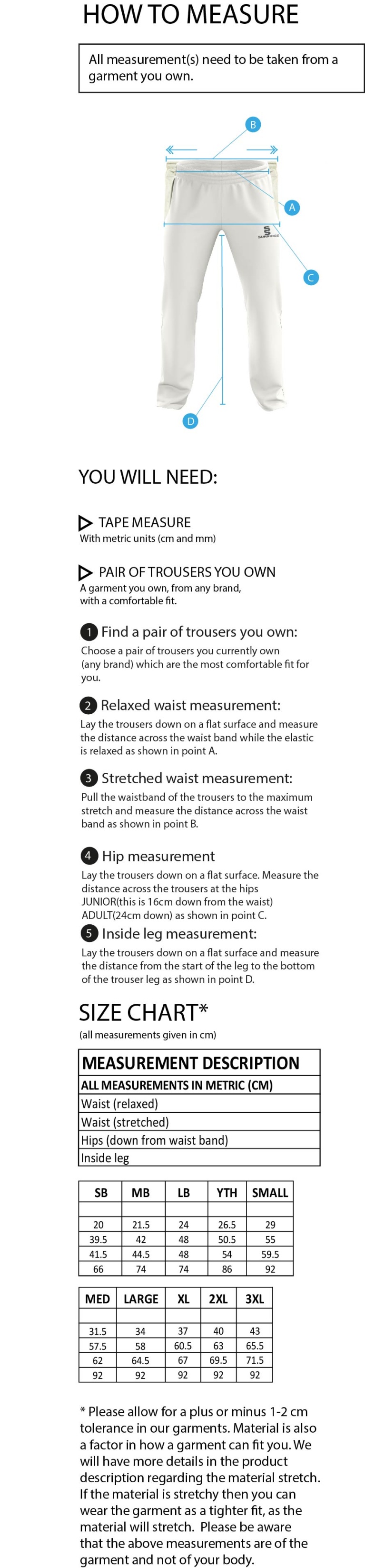 Headingley Bramhope CC Standard Playing Pant - Size Guide