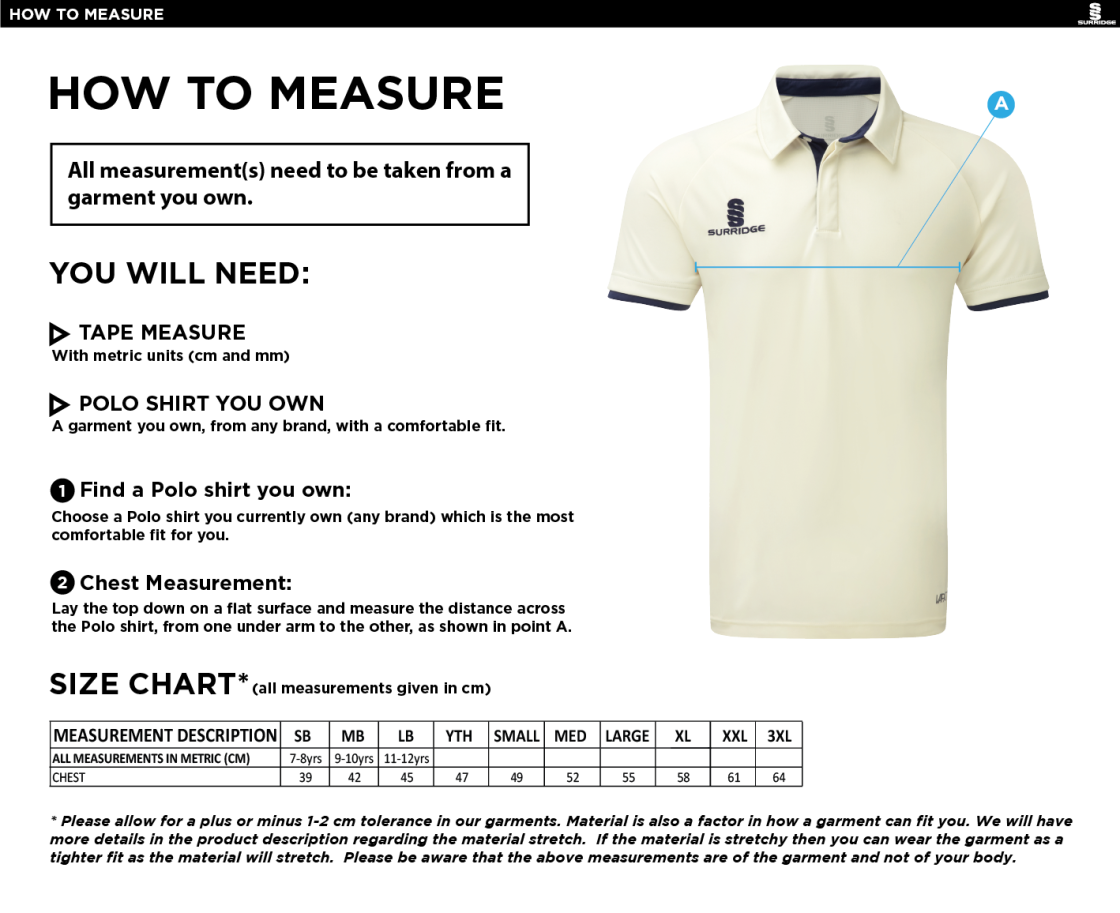 HEADINGLEY BRAMHOPE CC Ergo Cricket Shirt - Short Sleeve : Navy Trim - Size Guide