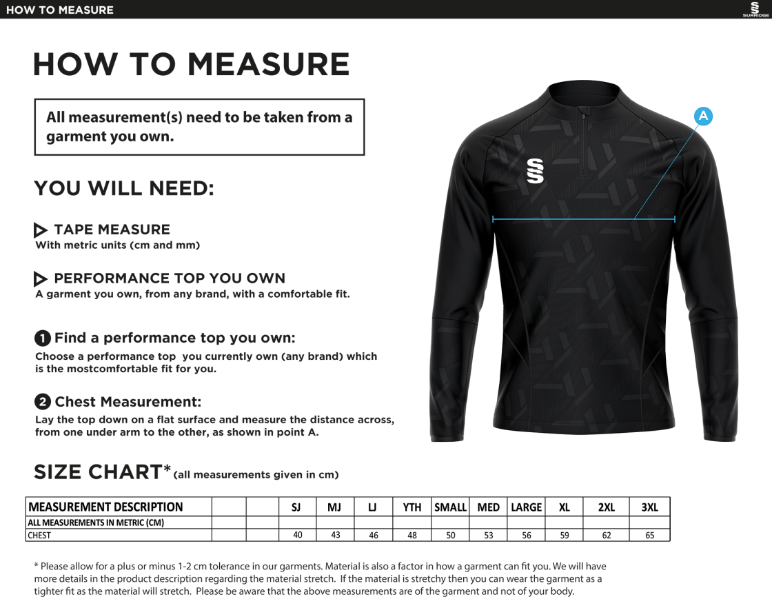 HEADINGLEY BRAMHOPE CC Impact 1/4 Zip Performance Top : Navy - Size Guide