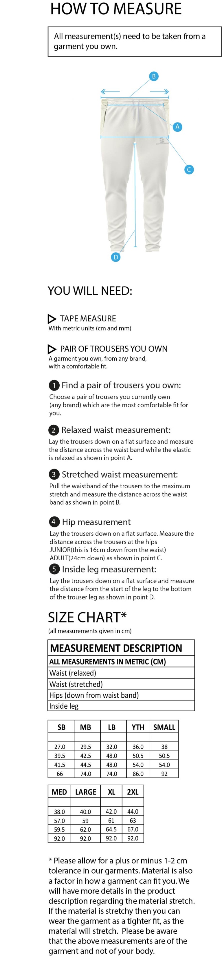 Headingley Bramhope CC Ergo Playing Pant - Size Guide